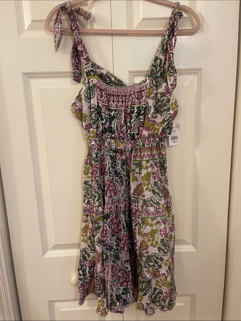 Angie Floral Tie-Shoulder Sundress in White, Pink & Green